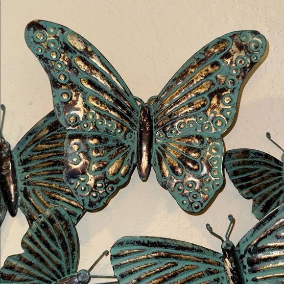 butterfly metal wall decor in teal, brown and gold 5 butterflies connected - Picture 4 of 12